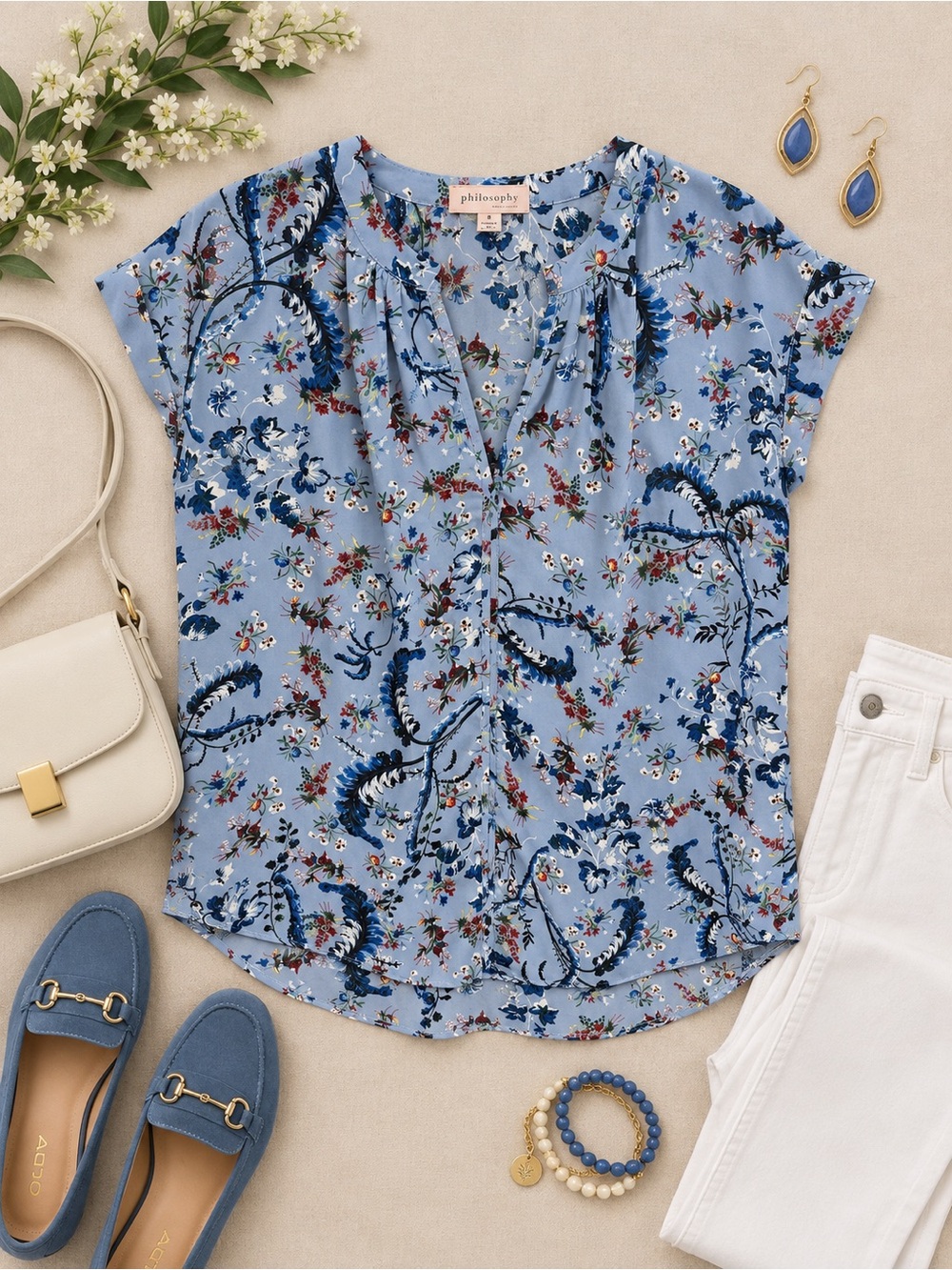 Philosophy Blue Floral Print Short Sleeve Blouse Size Small
